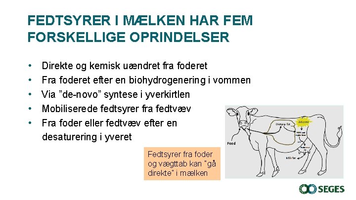 FEDTSYRER I MÆLKEN HAR FEM FORSKELLIGE OPRINDELSER • Direkte og kemisk uændret fra foderet FEDTSYRER I MÆLKEN HAR FEM FORSKELLIGE OPRINDELSER • Direkte og kemisk uændret fra foderet