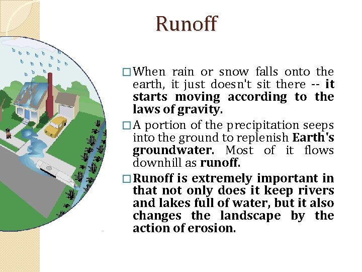 Runoff � When rain or snow falls onto the earth, it just doesn't sit