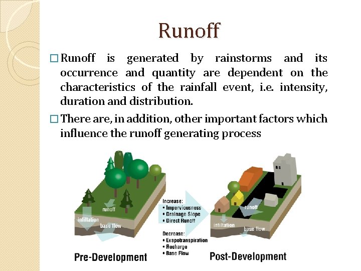 Runoff � Runoff is generated by rainstorms and its occurrence and quantity are dependent