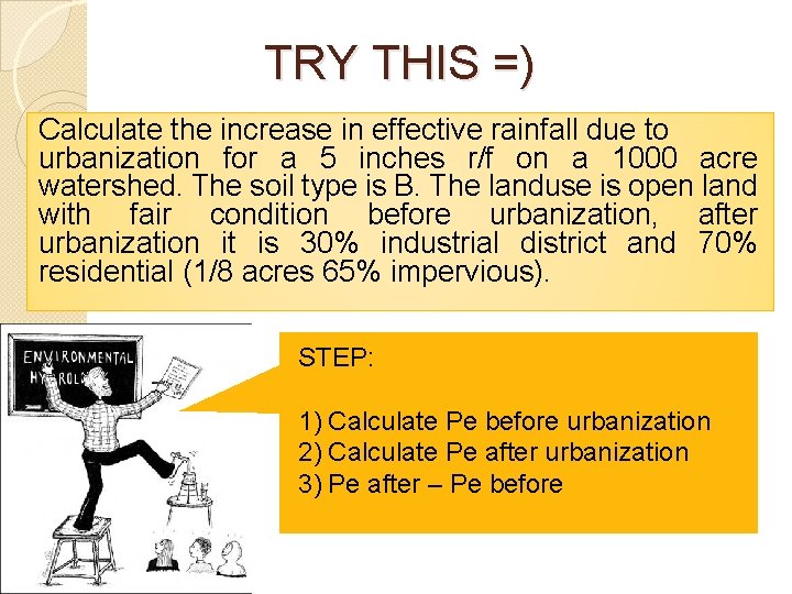 TRY THIS =) Calculate the increase in effective rainfall due to urbanization for a