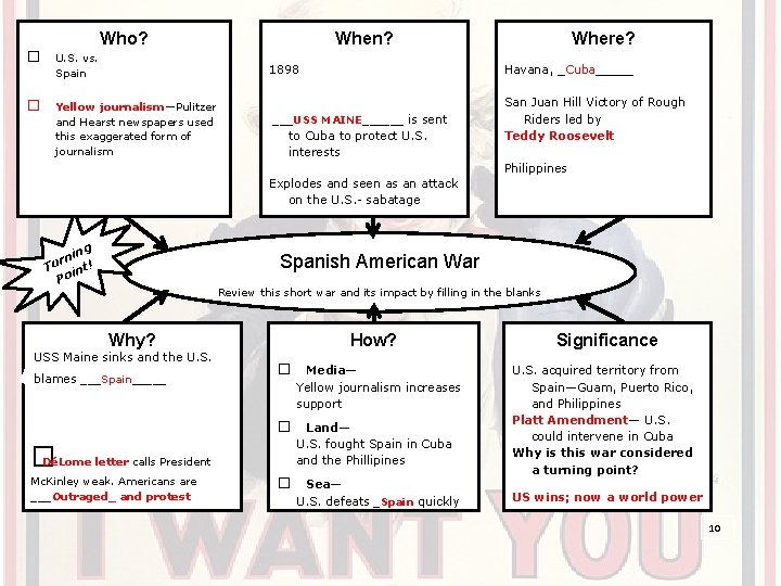 Who? � � U. S. vs. Spain When? 1898 Yellow journalism—Pulitzer and Hearst newspapers Who? � � U. S. vs. Spain When? 1898 Yellow journalism—Pulitzer and Hearst newspapers