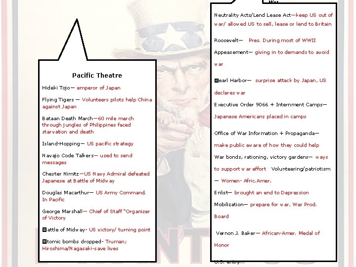 War Neutrality Acts/Lend Lease Act—keep US out of war/ allowed US to sell, lease War Neutrality Acts/Lend Lease Act—keep US out of war/ allowed US to sell, lease