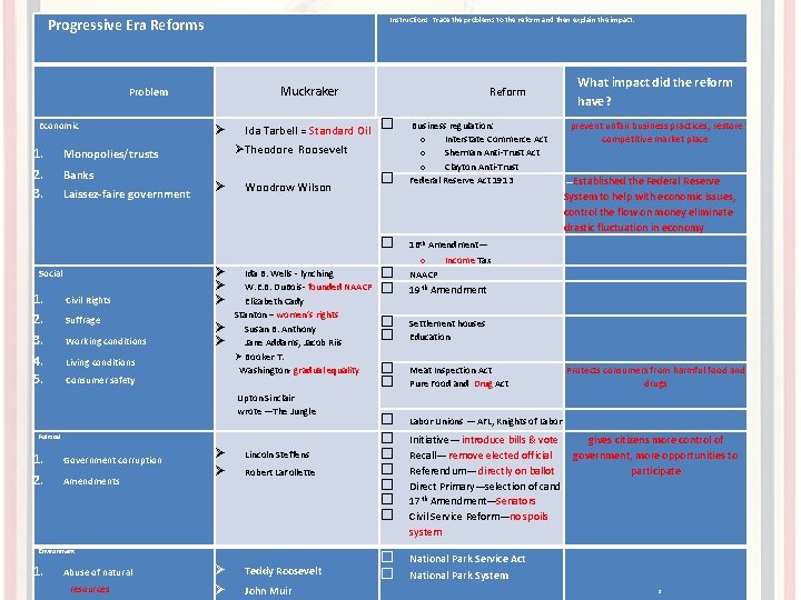 Instructions: Trace the problems to the reform and then explain the impact. Progressive Era Instructions: Trace the problems to the reform and then explain the impact. Progressive Era