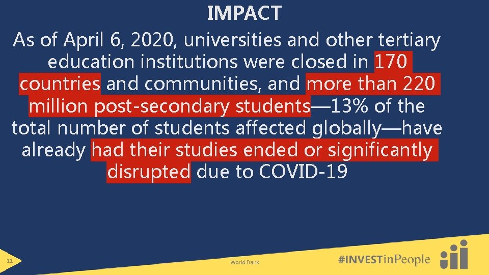 IMPACT As of April 6, 2020, universities and other tertiary education institutions were closed