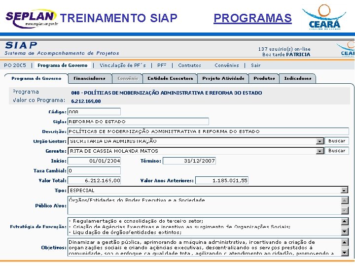 TREINAMENTO SIAP PROGRAMAS PROGRAMA DE GOVERNO 