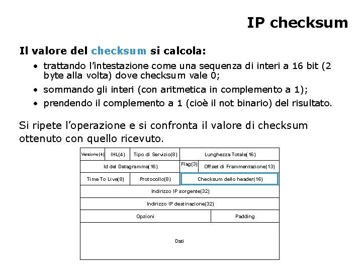 IP checksum Il valore del checksum si calcola: • trattando l’intestazione come una sequenza