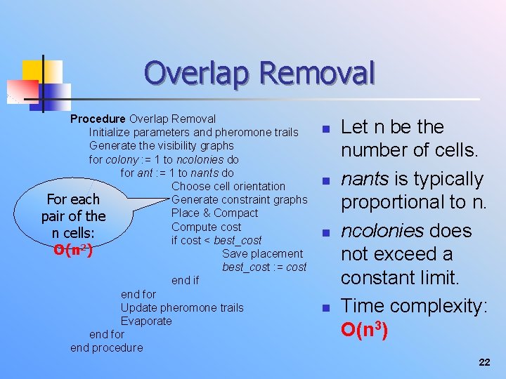 Overlap Removal Procedure Overlap Removal Initialize parameters and pheromone trails Generate the visibility graphs
