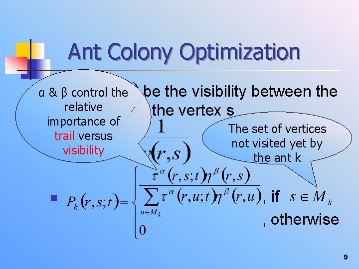 Ant Colony Optimization n βLet α& control the be the visibility between the relative