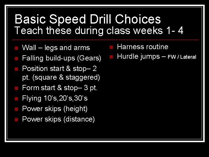 Basic Speed Drill Choices Teach these during class weeks 1 - 4 n n