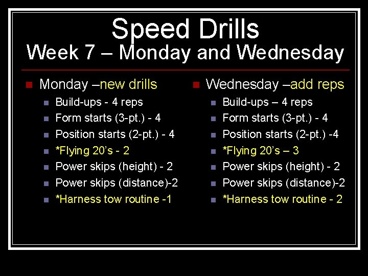 Speed Drills Week 7 – Monday and Wednesday n Monday –new drills n n