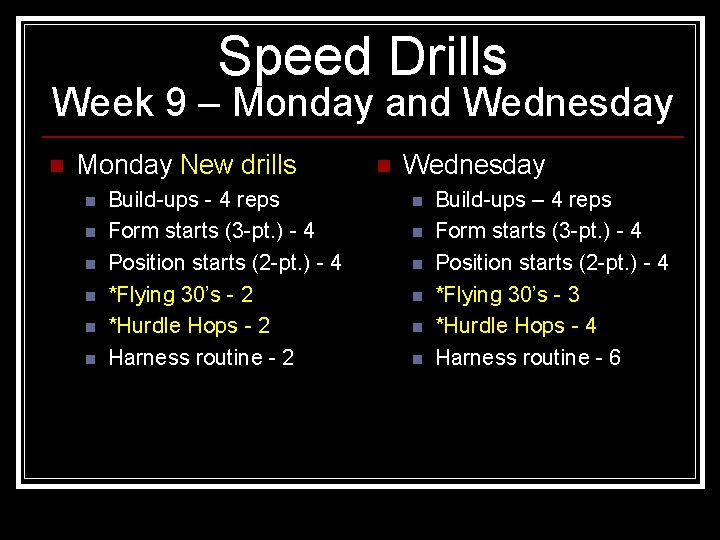 Speed Drills Week 9 – Monday and Wednesday n Monday New drills n n