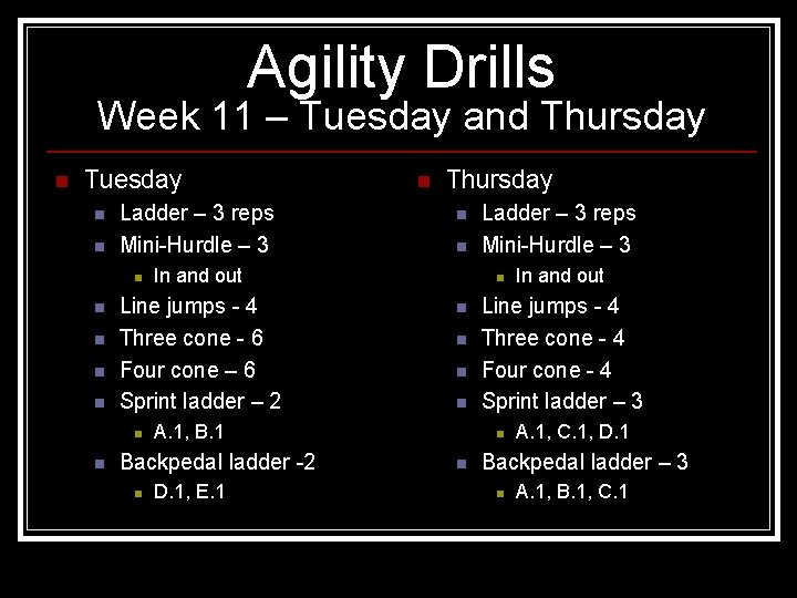 Agility Drills Week 11 – Tuesday and Thursday n Tuesday n n Ladder –