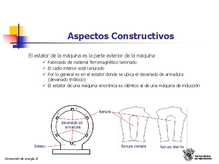 Aspectos Constructivos El estator de la máquina es la parte exterior de la máquina Aspectos Constructivos El estator de la máquina es la parte exterior de la máquina