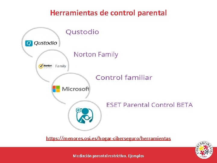 Herramientas de control parental https: //menores. osi. es/hogar-ciberseguro/herramientas Mediación parental restrictiva. Ejemplos 