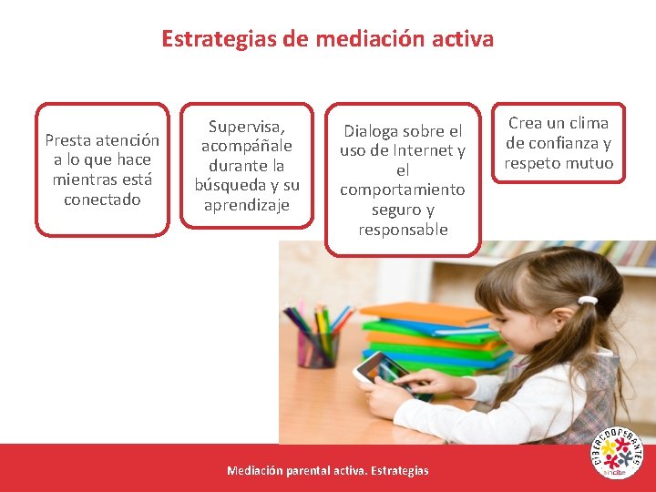 Estrategias de mediación activa Presta atención a lo que hace mientras está conectado Supervisa,