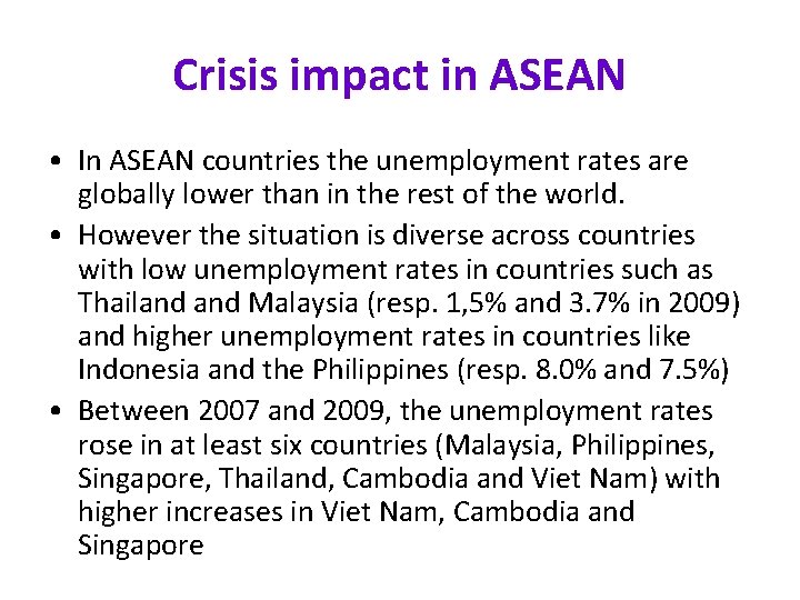 Crisis impact in ASEAN • In ASEAN countries the unemployment rates are globally lower