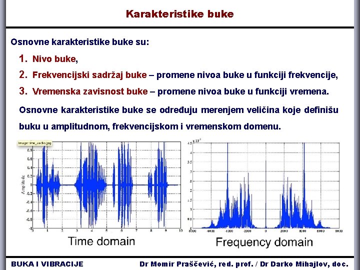 Karakteristike buke Osnovne karakteristike buke su: 1. Nivo buke, 2. Frekvencijski sadržaj buke –