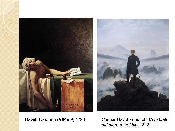 David, La morte di Marat, 1793. Caspar David Friedrich, Viandante sul mare di nebbia,