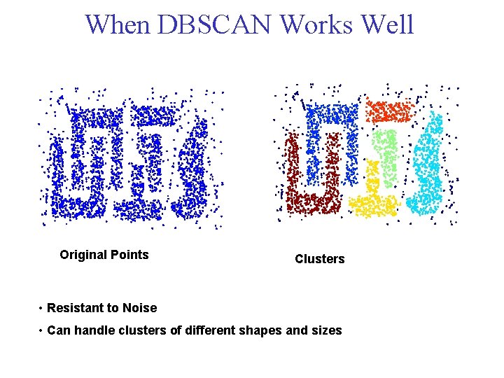 When DBSCAN Works Well Original Points Clusters • Resistant to Noise • Can handle