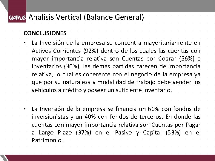 Análisis Vertical (Balance General) CONCLUSIONES • La Inversión de la empresa se concentra mayoritariamente