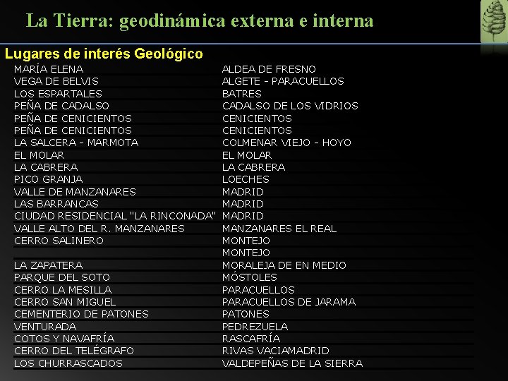 La Tierra: geodinámica externa e interna Lugares de interés Geológico MARÍA ELENA VEGA DE