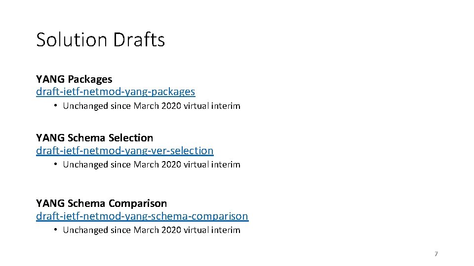 Solution Drafts YANG Packages draft-ietf-netmod-yang-packages • Unchanged since March 2020 virtual interim YANG Schema