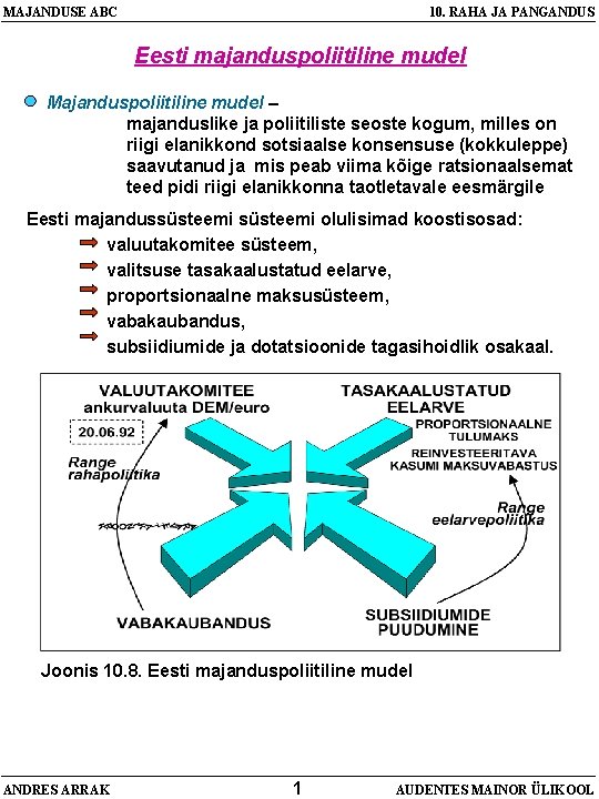 MAJANDUSE ABC 10. RAHA JA PANGANDUS Eesti majanduspoliitiline mudel Majanduspoliitiline mudel – majanduslike ja