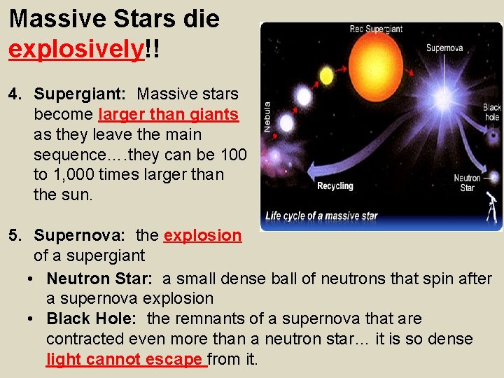 Massive Stars die explosively!! 4. Supergiant: Massive stars become larger than giants as they
