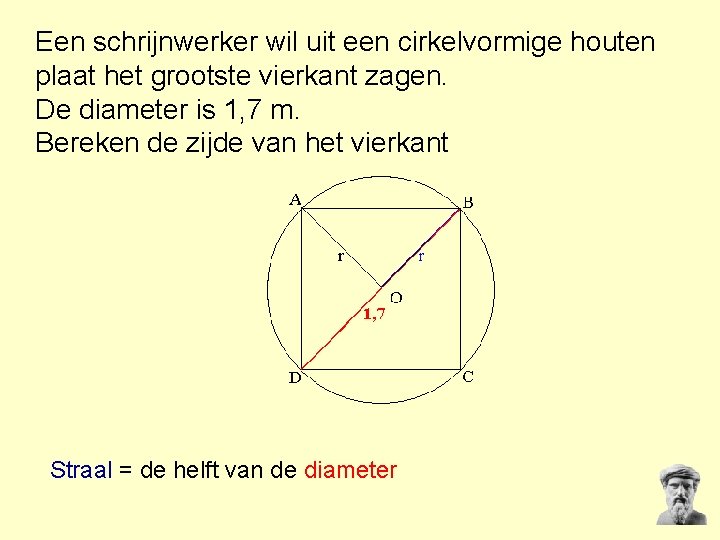 Een schrijnwerker wil uit een cirkelvormige houten plaat het grootste vierkant zagen. De diameter Een schrijnwerker wil uit een cirkelvormige houten plaat het grootste vierkant zagen. De diameter