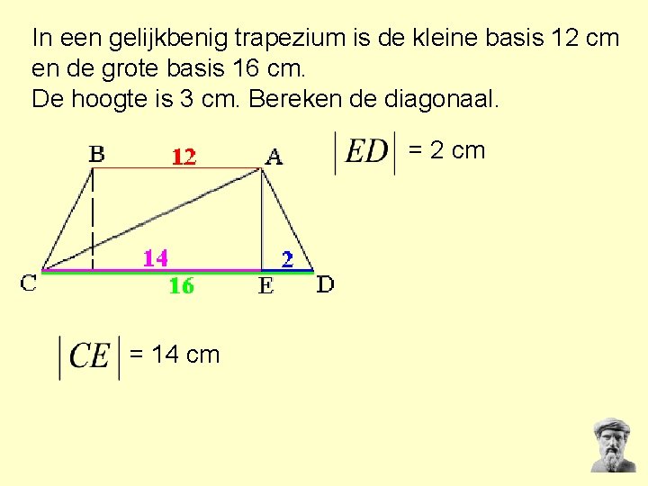 In een gelijkbenig trapezium is de kleine basis 12 cm en de grote basis In een gelijkbenig trapezium is de kleine basis 12 cm en de grote basis