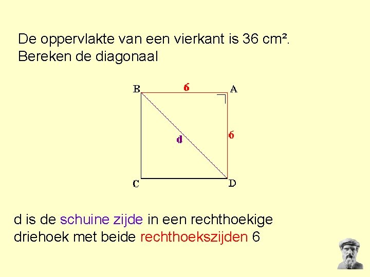 De oppervlakte van een vierkant is 36 cm². Bereken de diagonaal d is de De oppervlakte van een vierkant is 36 cm². Bereken de diagonaal d is de