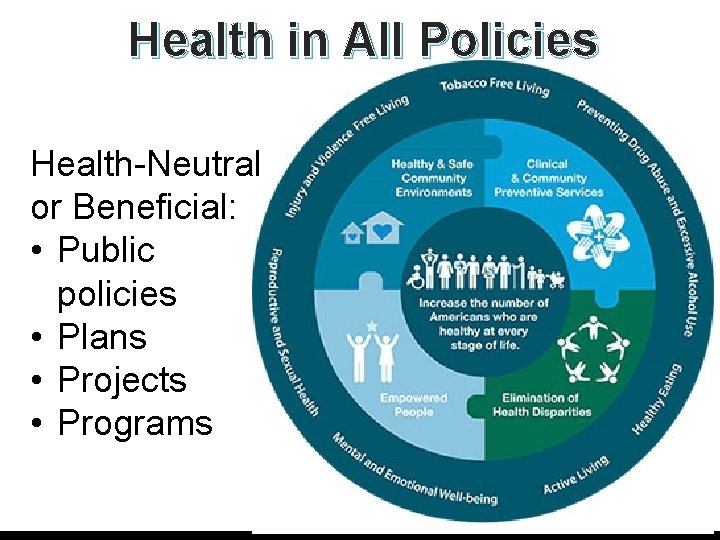 Health in All Policies Health-Neutral or Beneficial: • Public policies • Plans • Projects