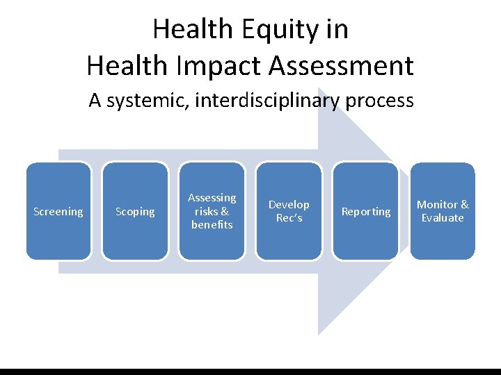 Health Equity in Health Impact Assessment A systemic, interdisciplinary process Screening Scoping Assessing risks