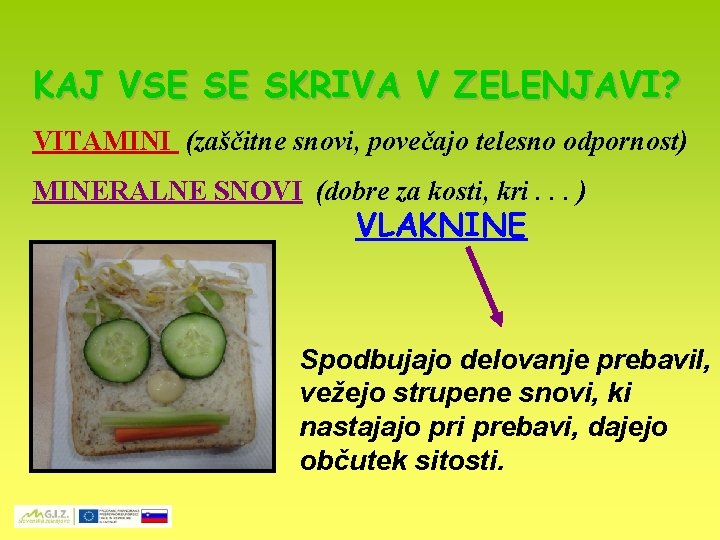 KAJ VSE SE SKRIVA V ZELENJAVI? VITAMINI (zaščitne snovi, povečajo telesno odpornost) MINERALNE SNOVI