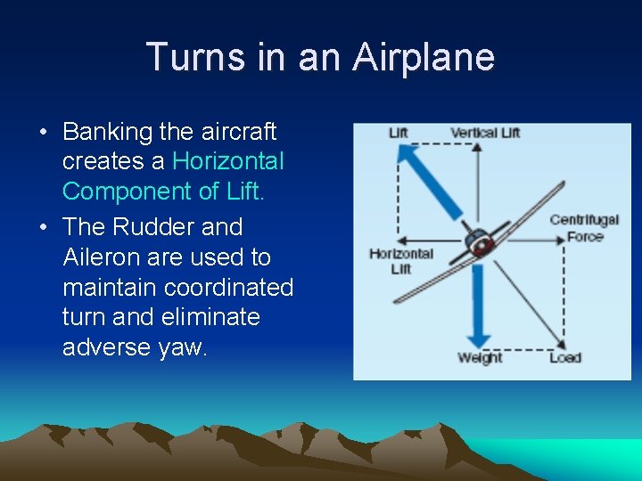 Turns in an Airplane • Banking the aircraft creates a Horizontal Component of Lift.