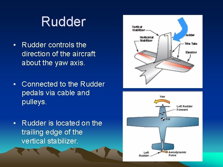Rudder • Rudder controls the direction of the aircraft about the yaw axis. •