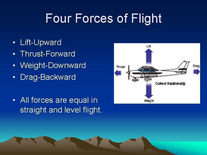 Four Forces of Flight • • Lift-Upward Thrust-Forward Weight-Downward Drag-Backward • All forces are