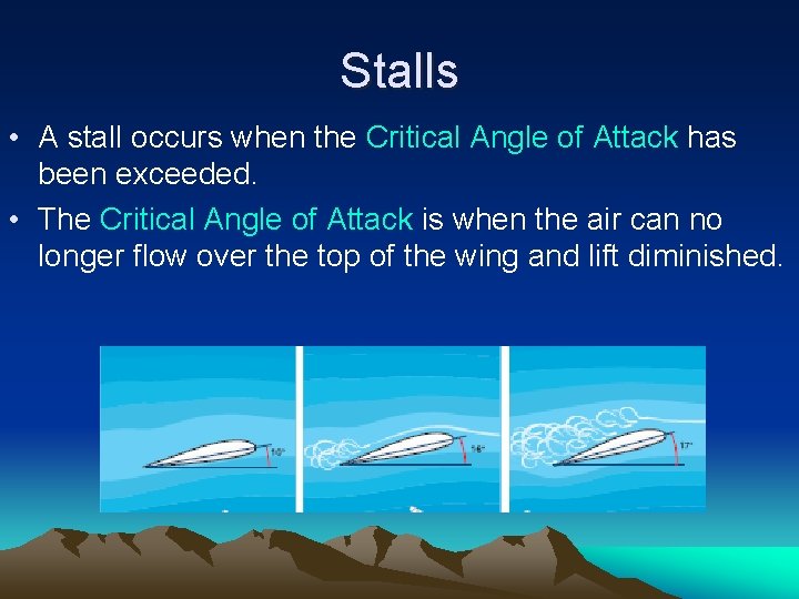 Stalls • A stall occurs when the Critical Angle of Attack has been exceeded.