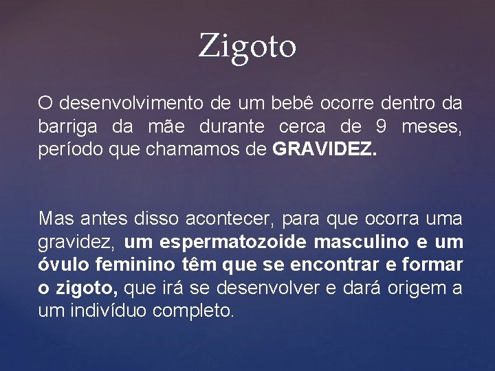 Zigoto O desenvolvimento de um bebê ocorre dentro da barriga da mãe durante cerca