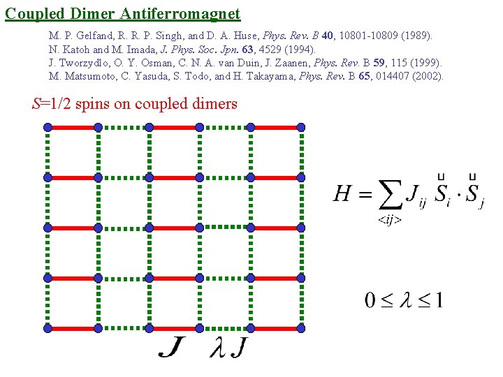 Coupled Dimer Antiferromagnet M. P. Gelfand, R. R. P. Singh, and D. A. Huse,