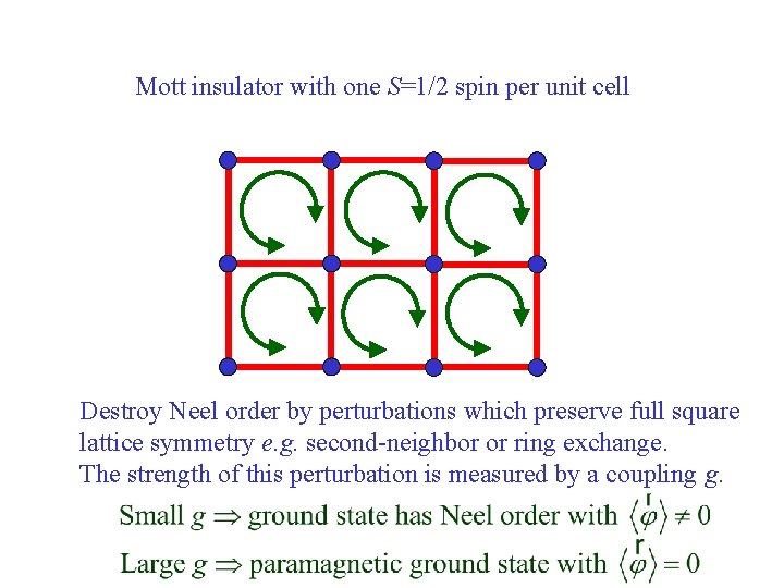 Mott insulator with one S=1/2 spin per unit cell Destroy Neel order by perturbations