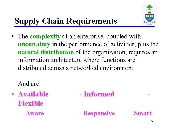 Supply Chain Requirements • The complexity of an enterprise, coupled with uncertainty in the