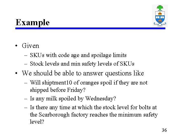 Example • Given – SKUs with code age and spoilage limits – Stock levels