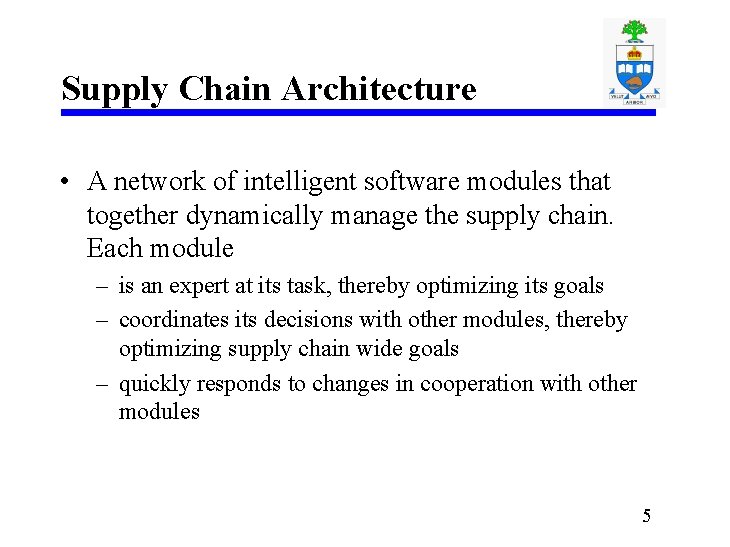 Supply Chain Architecture • A network of intelligent software modules that together dynamically manage