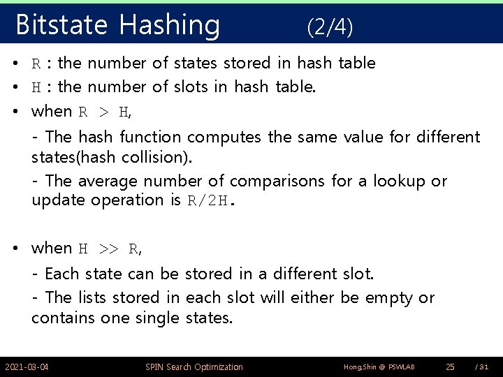 Bitstate Hashing (2/4) • R : the number of states stored in hash table