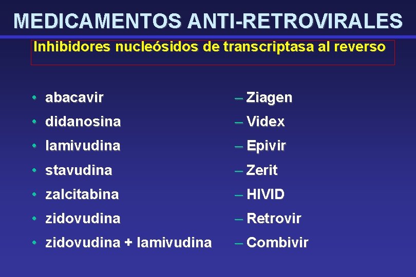MEDICAMENTOS ANTI-RETROVIRALES Inhibidores nucleósidos de transcriptasa al reverso • abacavir – Ziagen • didanosina