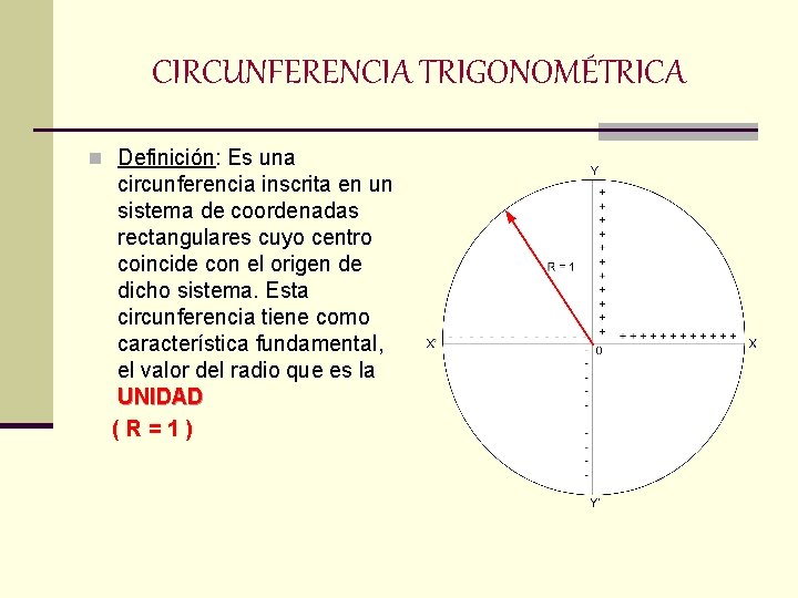CIRCUNFERENCIA TRIGONOMÉTRICA n Definición: Es una circunferencia inscrita en un sistema de coordenadas rectangulares