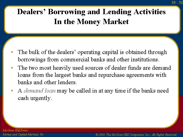 10 - 32 Dealers’ Borrowing and Lending Activities In the Money Market • The