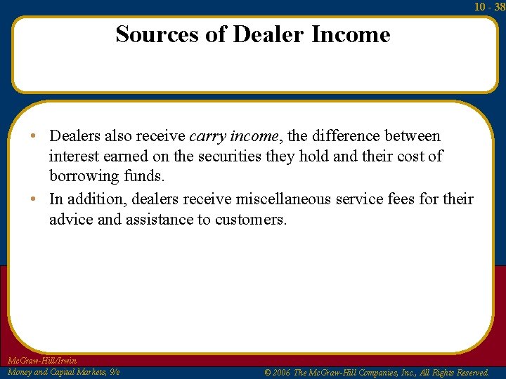 10 - 38 Sources of Dealer Income • Dealers also receive carry income, the