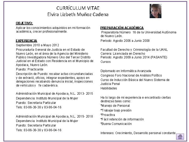 CURRÍCULUM VITAE Elvira Lizbeth Muñoz Cadena OBJETIVO: Aplicar los conocimientos adquiridos en mi formación